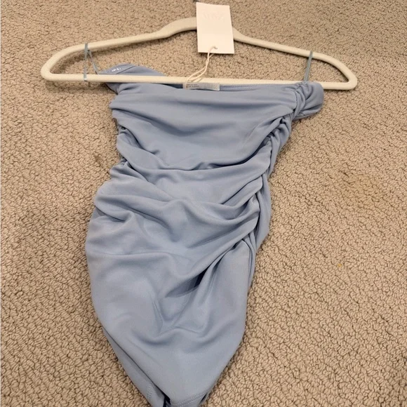 Zara Sky Blue Strapless Ruched Blouse - Picture 3 of 4